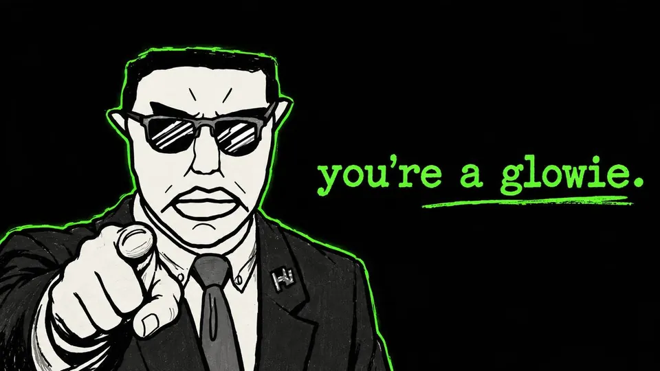 A man in a grey suit and dark glasses points at the viewer. Caption: you're a glowie.